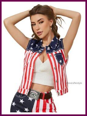Sleeveless Denim Vest American Flag Print Button Front Jean Vest